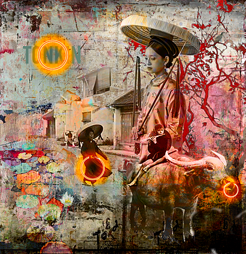 Indochina Tonquin Vietnam Oil painting 140x140 cm with glass neon light on recycling steel sheet from Vietnamese buildings constructions sites.